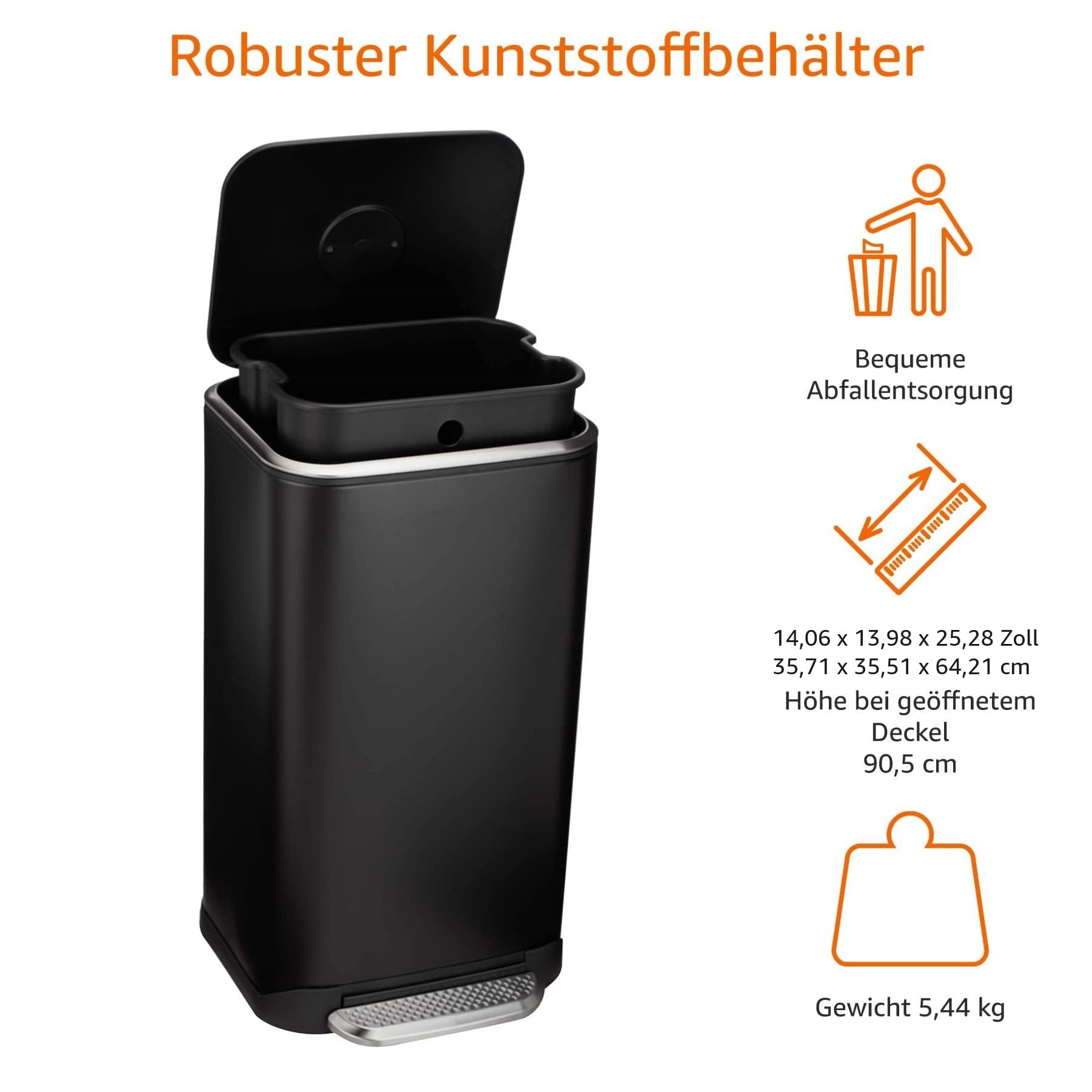 Amazon Basics Rechteckig Mülleimer mit Stahlrohrpedal - Sanft Schließend mit Deckel, für Küche oder Büro, 32 l, Schwarz