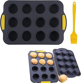 Silicone Pan Nonstick 12 Cup Muffin Tray With Handle And Barbecue Brush- Dishwasher Safe Cupcake Pan Muffin Tray with Stain-Resistant, Baking Mould for Muffins or Cupcakes, Bakeware(Dark Grey)