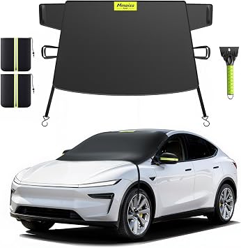 Nmoiss Windshield Snow Cover for Ice & Snow Frost Tesla Model Y/Model 3 Tailored 3-in-1 Frost & Ice Shield with Mirror Covers & Ice Scraper, Waterproof 600D Oxford + Windproof Design Large Size