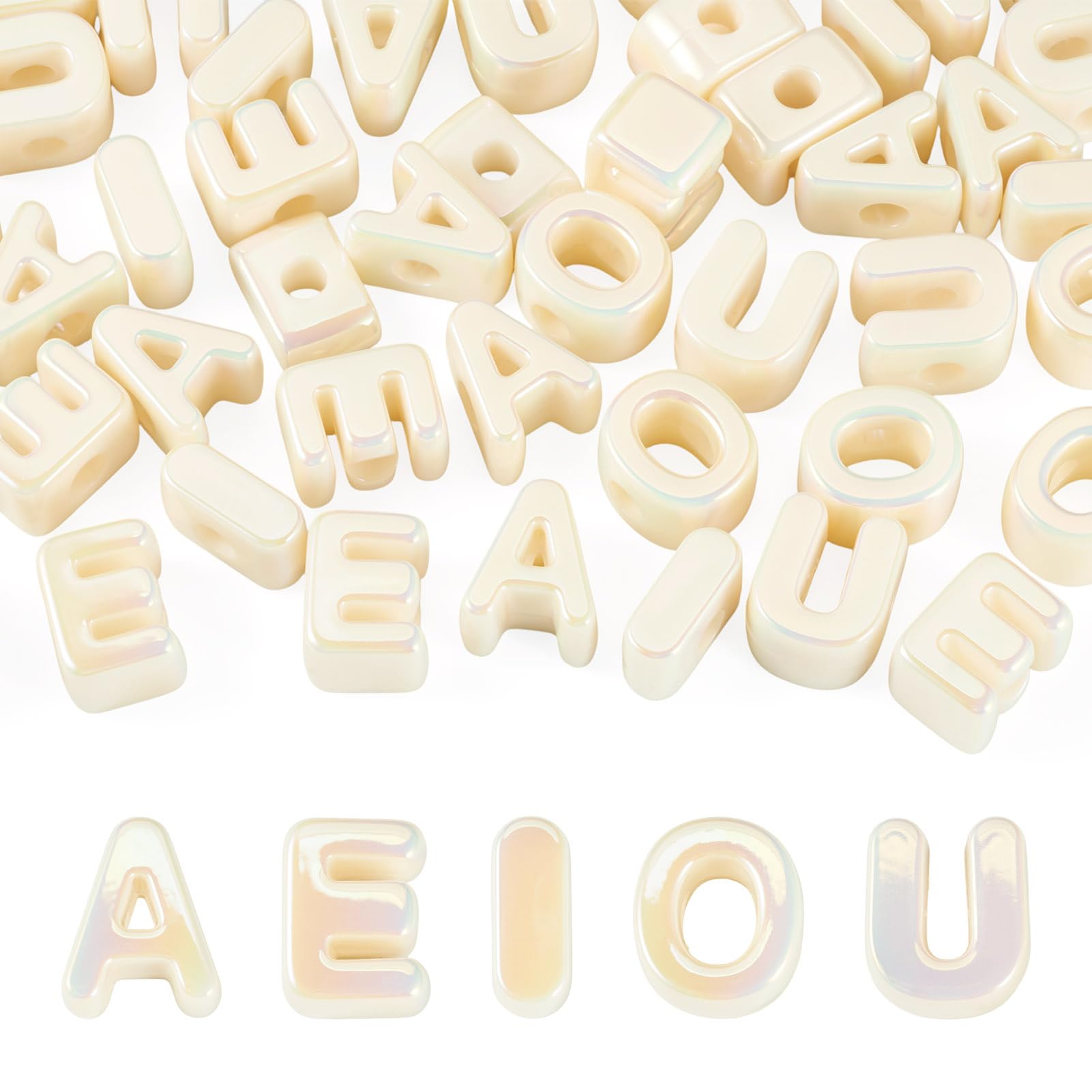 Craftora 50 Pcs Vowel Letter Beads Acrylic Alphabet Beads A/E/I/O/U Initial Bead Iridescent Loose Spacers for DIY Craft Keychain Jewelry Making, Old Lace