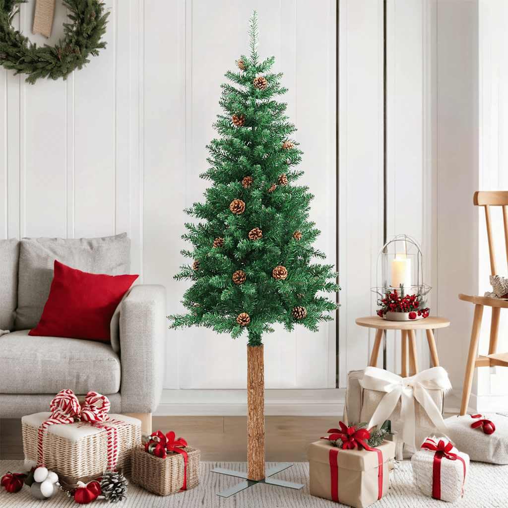 Árbol de Navidad artificial de 150 cm con piñas de PVC, madera de pino maciza y acero con recubrimiento en polvo, para interior y exterior protegido