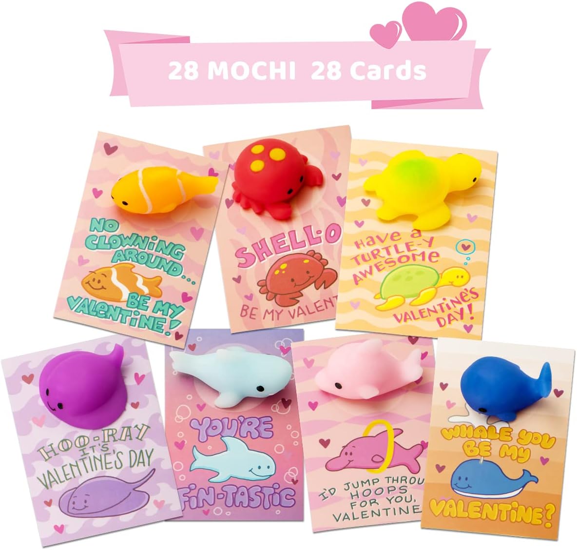 JOYIN 28PCS Valentines Day Gift Cards with Mochi Squishy Toys, Kawaii Sea Animals Mochi Squeeze Toys, Stress Relief Fidget Toy for Kids Valentine Classroom Exchange, Party Favors Prizes