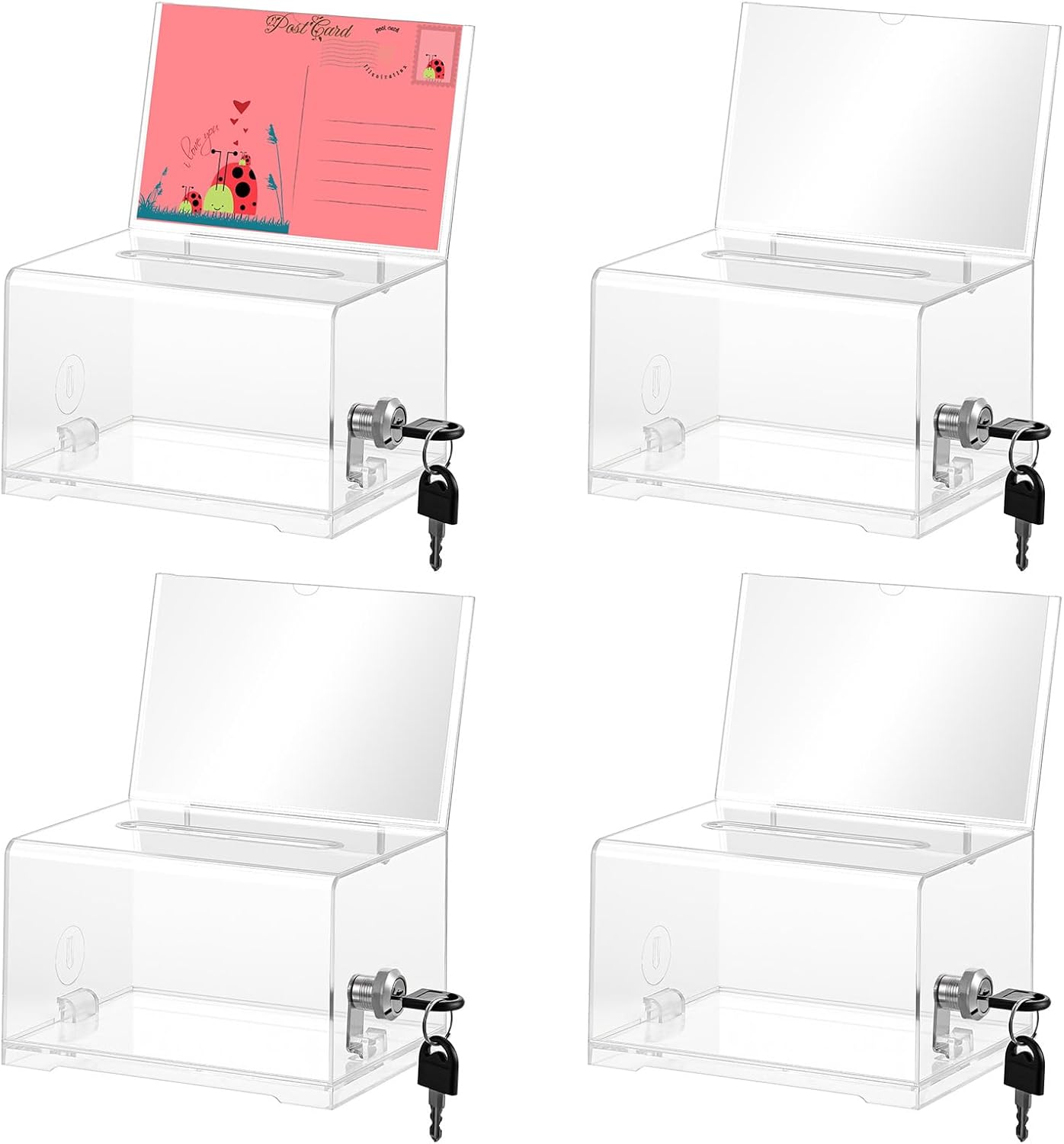 4 Pcs Donation Box, Clear Acrylic Raffle Ticket Boxes with Slot Tip Box with Lock and Sign Holder Suggestion Ballot Boxes for Fundraising Donation Voting Raffle Secure Storage, 6.1'' x 4.3'' x 3.8''