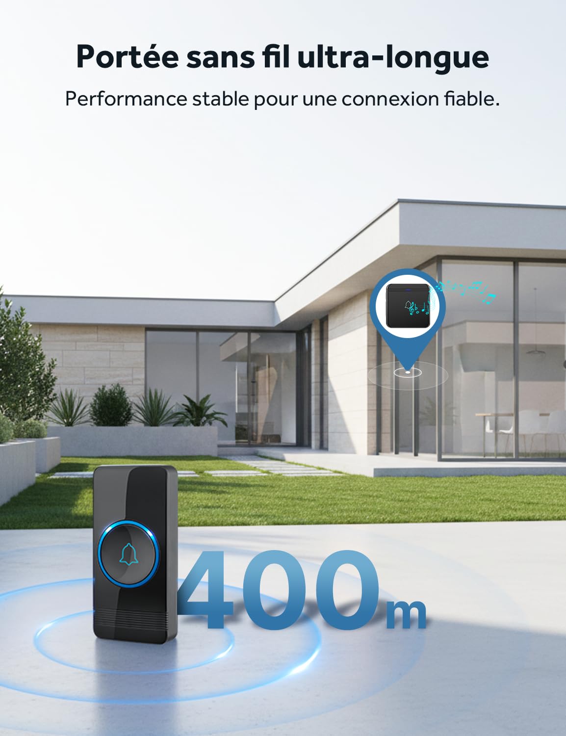 AVANTEK Sonnette sans Fil, Bouton de Sonnette, Carillon de Porte étanche IP55 avec 1 récepteurs enfichables, Flash LED, 5 Niveaux de Volume, 52 mélodies, portée de Fonctionnement de 400 m, Noir