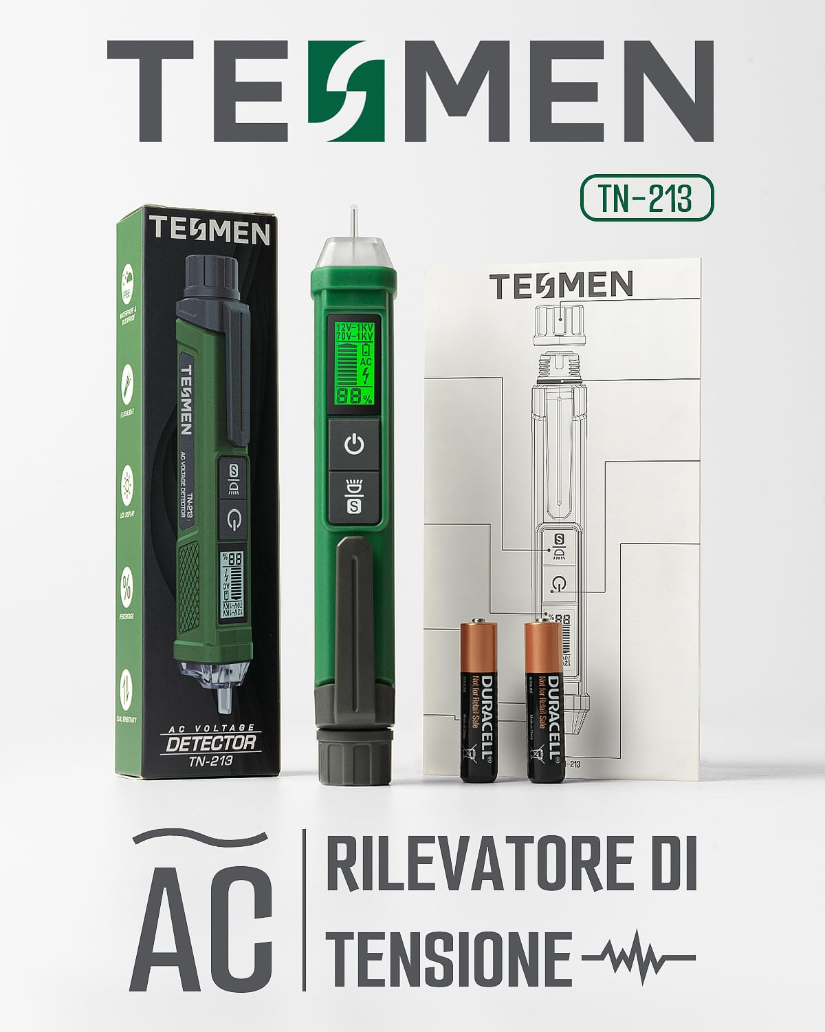 Penna Rilevatore di Tensione, Cercafase, TESMEN TN-213 Tester di Tensione senza Contatto, Elettrico, AC 12V-/70V-1000V, Dual-Range, Display LCD in Percentuale, torcia, Allarme Cicalino - Verde