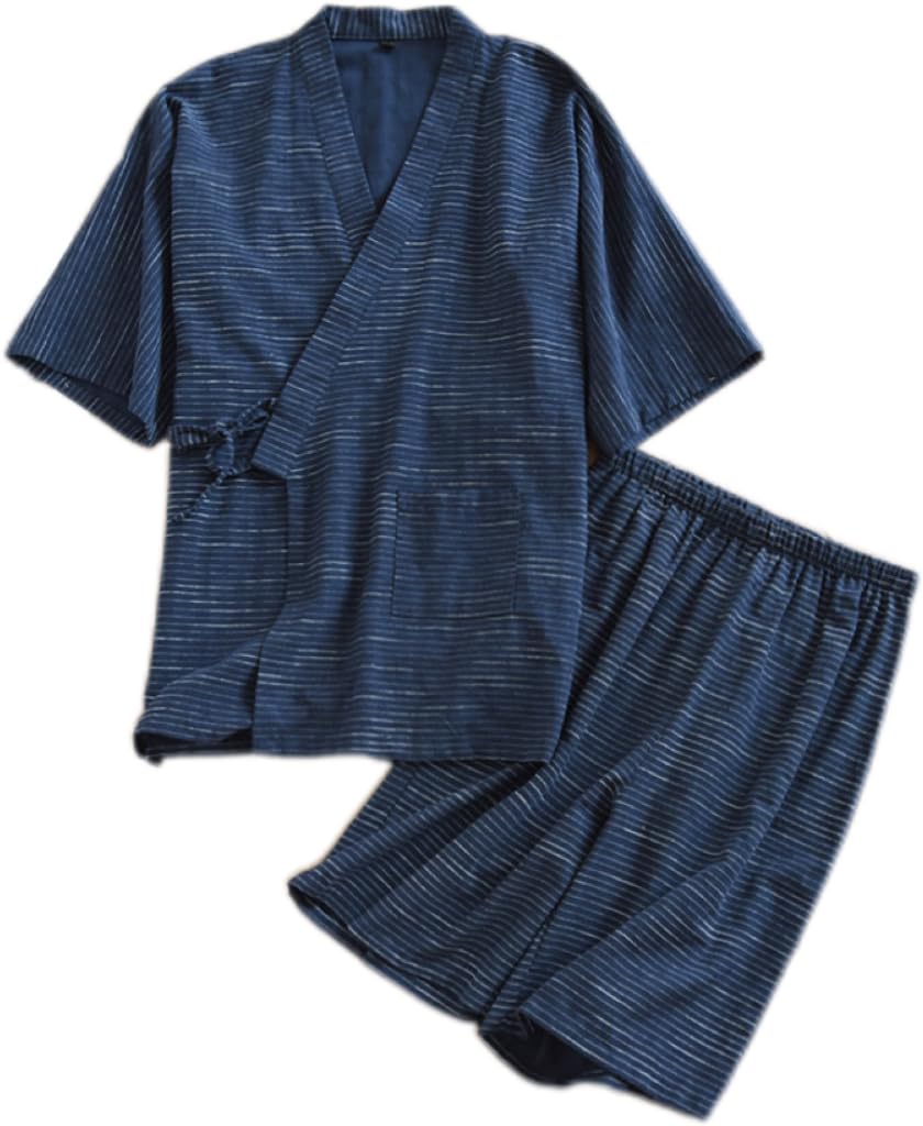 Netakara Men's Yukata, 100% Cotton Pajamas, Double Gauze, Men's Jinbei, Top and Bottom Set, Double Layer, Gauze, 3/4 Sleeve, Front Opening, Jinbei Set, Breathable, Sweat Absorbent, Work Clothes, : Clo