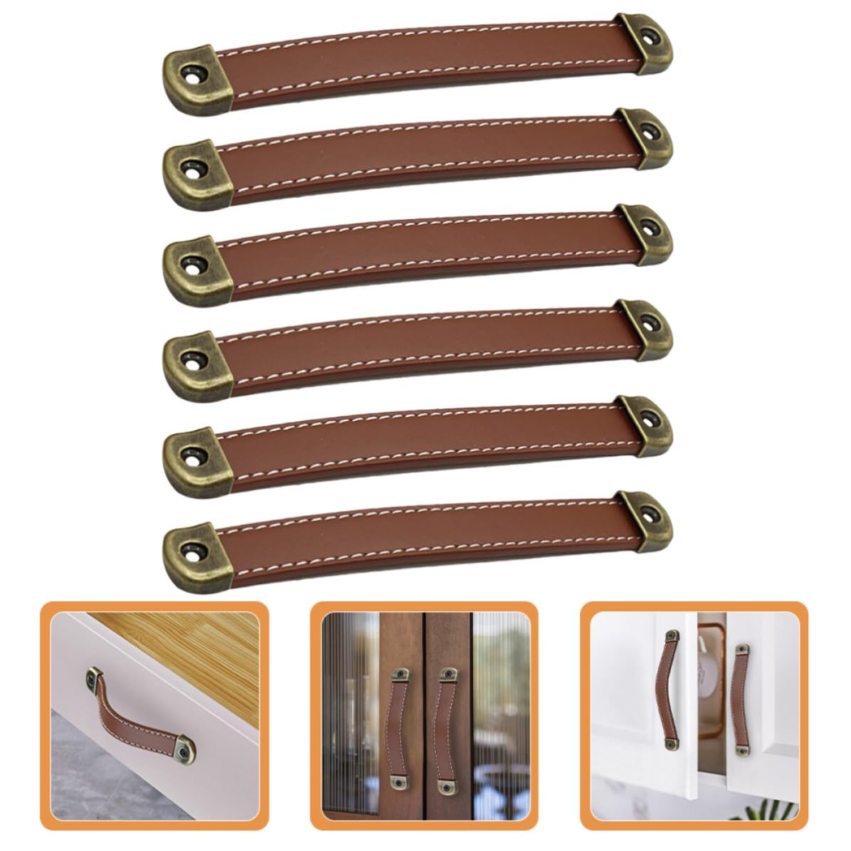 TEHAUX 6 Pezzi Maniglie Design Moderno Semplice in Pelle Sintetica Marrone per Mobili e Cassetti Facile da Installare, Resistenza All'usura, Distanza Fori 160mm