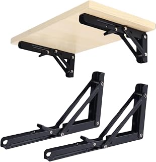 Atom 16 Inch Folding Shelf Brackets, 2 Pcs Heavy Duty Metal L Shelves Brackets for Wall-Mounted, Collapsible Foldable Hinge Set for Bench, Table, Space Saving DIY, Weight Capacity Up to 100Kg