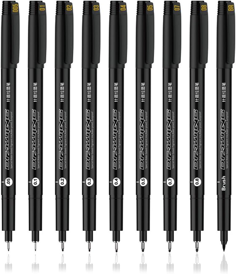 Set of 9 Black Micro-Pen Fineliner Ink Pens - Fine Point Micro-Line Pen, Waterproof Archival ink - Multiliner - Sketching, Anime, Artist Illustration, Technical Drawing, Office Documents, Scrapbooking