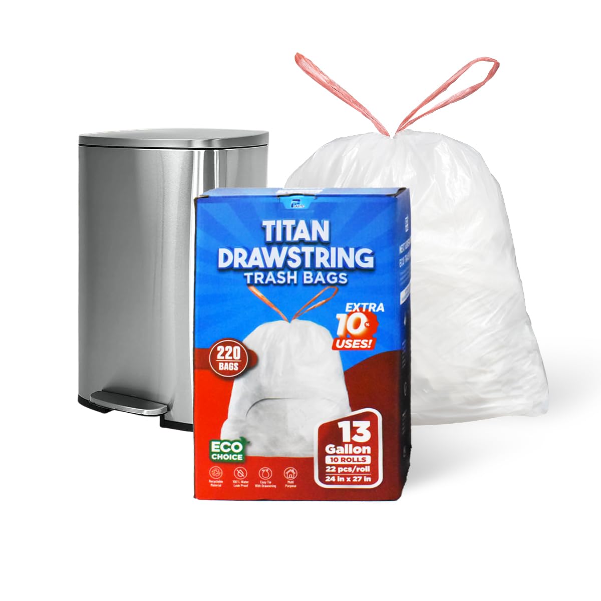 Tall 13 Gallon Kitchen Drawstring Trash Bags (220-Pack, White)- Extra-Strong Plastic Garbage Bags, Thick Trash Can Liners For Kitchen, Bathroom & Outdoor Bins, Unscented Trash Bags