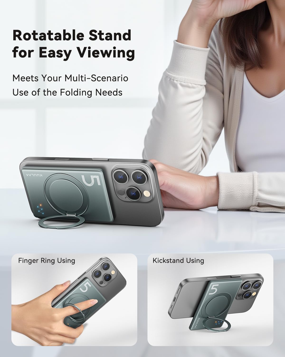 Two images demonstrating the folding swivel stand: top image shows the power bank attached to a phone using the stand as a kickstand, bottom images show it used as a finger ring and a kickstand.