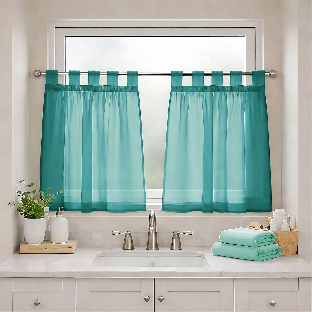 John Aird Lucy Voile Cafe Curtains - Tab Top - Pair Net Curtains - 2 Panels (Teal, W 28" x L 24")