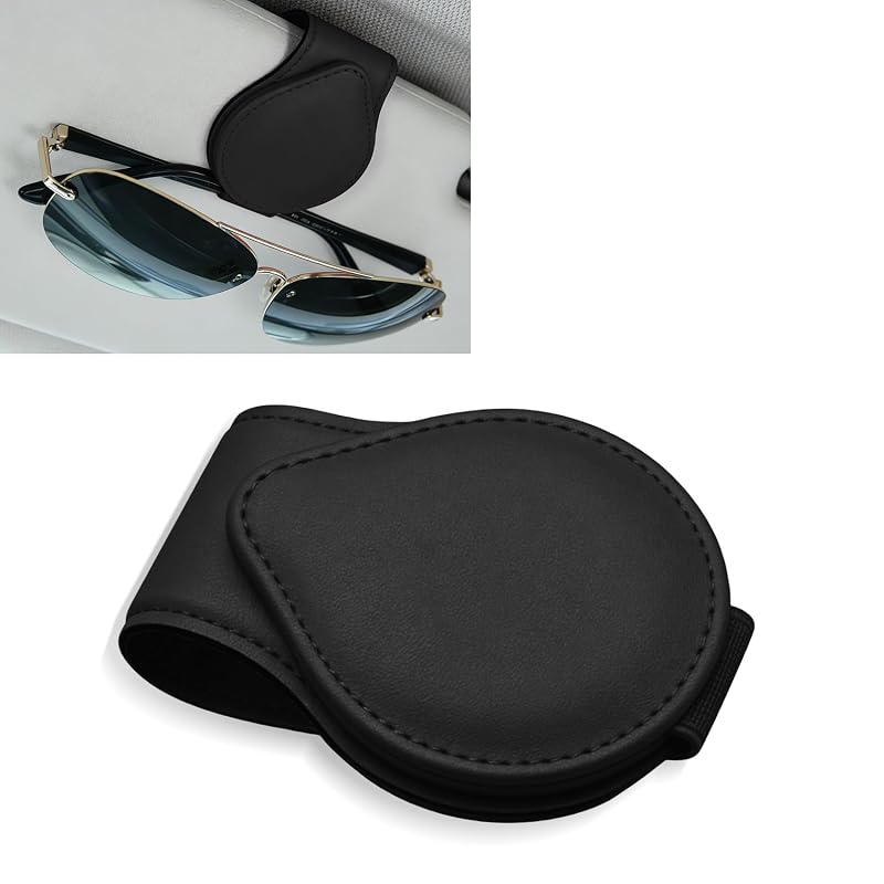 Porta-óculos para para-sol automotivo Lxsloet em couro sintético PU com fecho magnético e clipe para cartões Black-Round