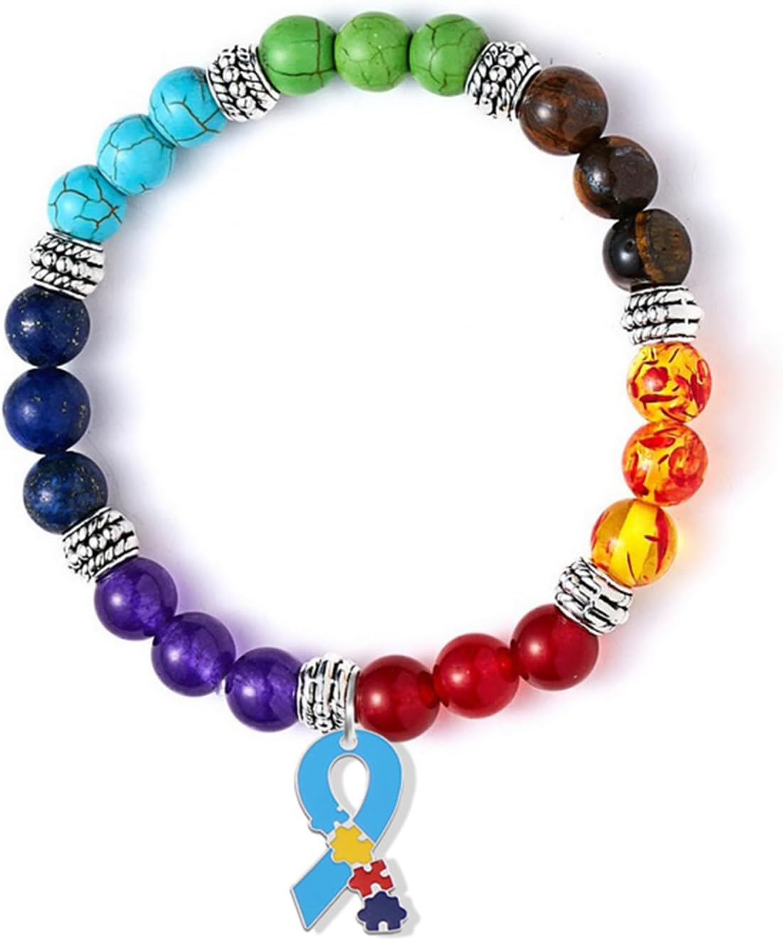 Dreuyet Autism Awareness Bracelet 7 Chacarat Bead Lace Bracelet Red Ribbon Charm Bracelets Healing Chakra Crystal Bracelets Puzzle Piece Jewelry Gifts
