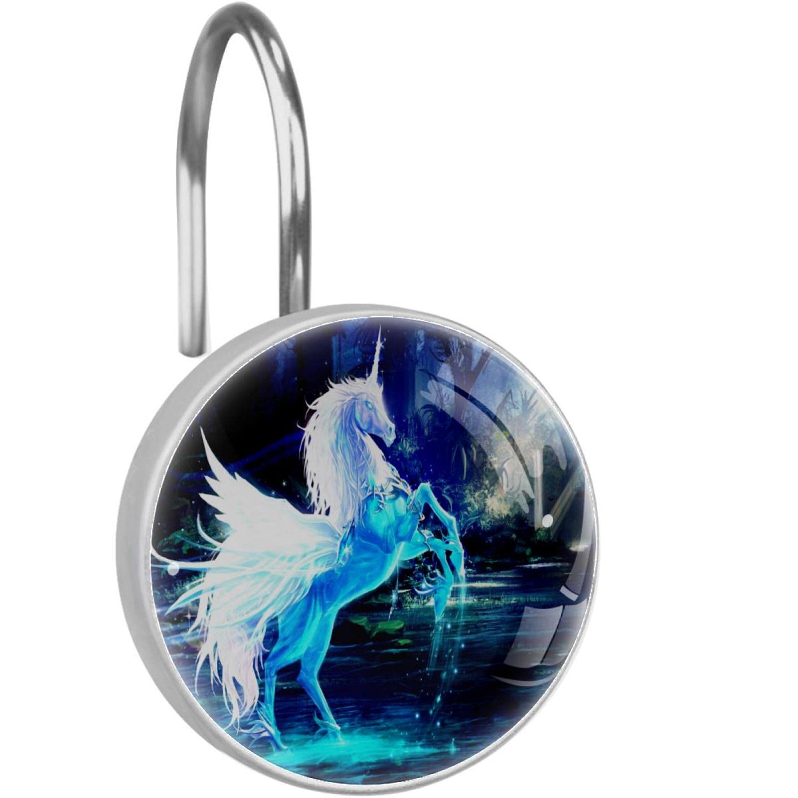 Lot de 12 anneaux de rideau de douche licorne bleu pour tringle de salle de bain