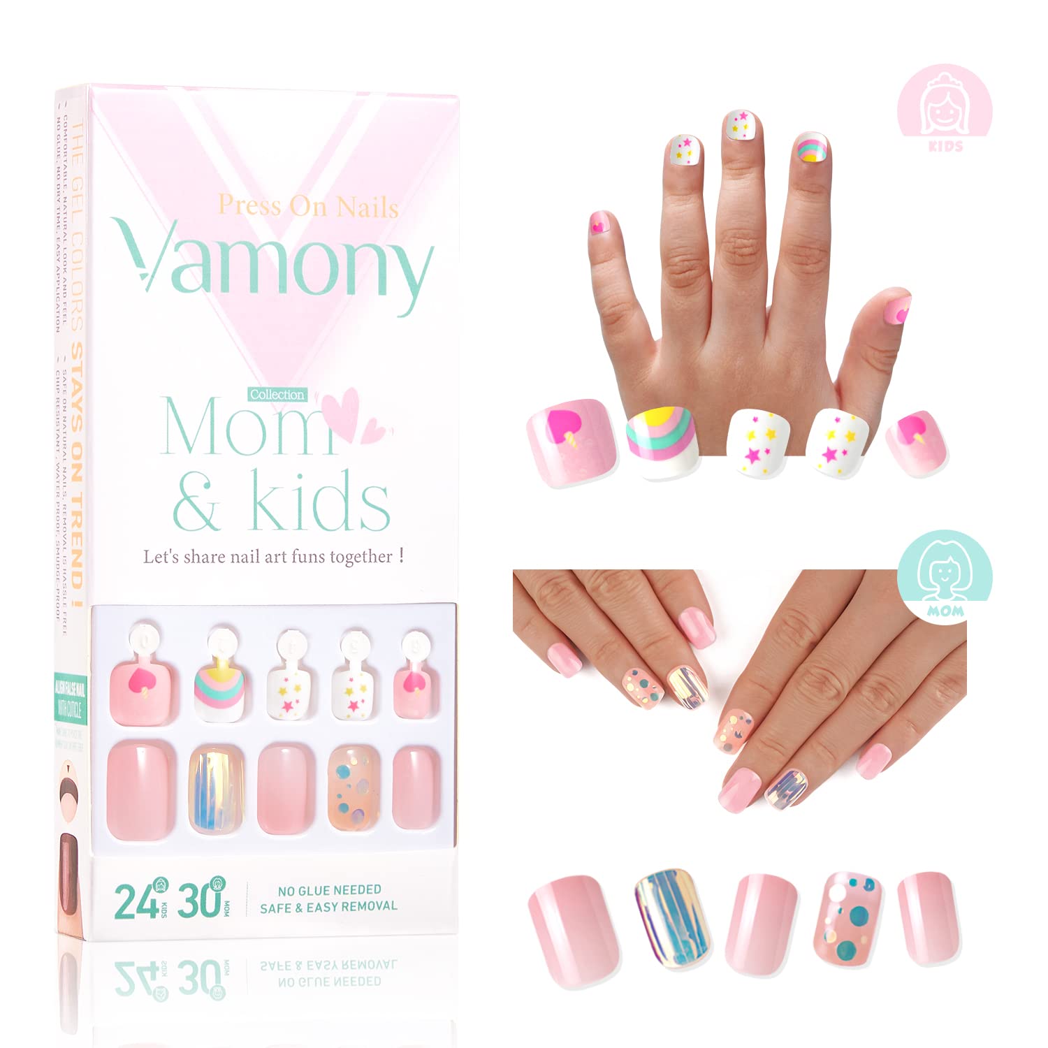 Photo 1 of 2 DIFFERENT SETS
Vamony Press On Nails for Kids, Short Square Fake Nails Mom&Kids, 54 Full Cover False Nails For Girl, Stick On Acrylic Nail Kit, Flake Nail Tips, Nail Art Manicure Set For Chrildren, Girly Pinks