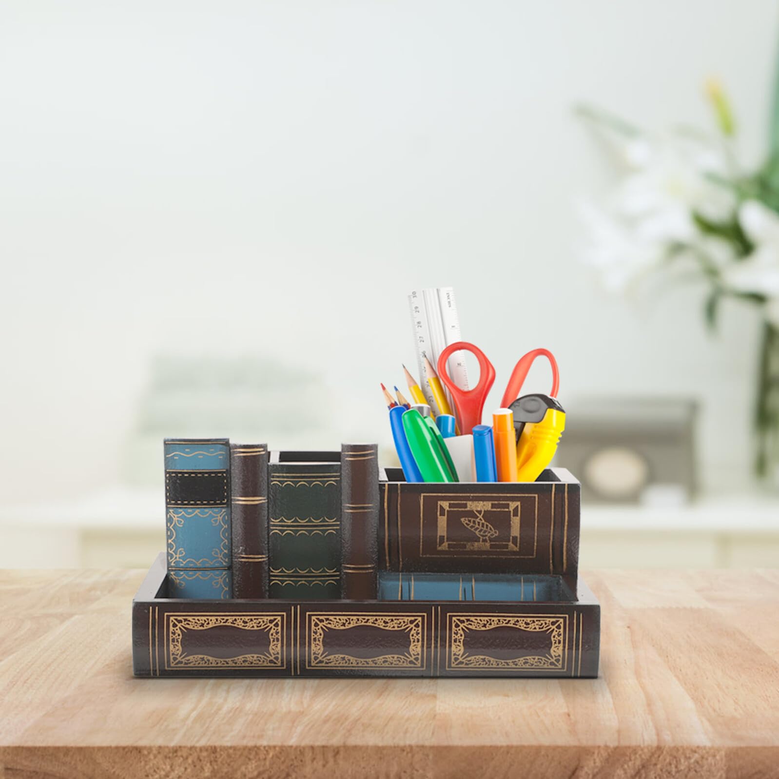 Portapenne da Tavolo Finto Libro Retrò Cassetto Organizer Compatto per Scrivania Ufficio e Studio Contenitore Salvaspazio per Penne e Cancelleria