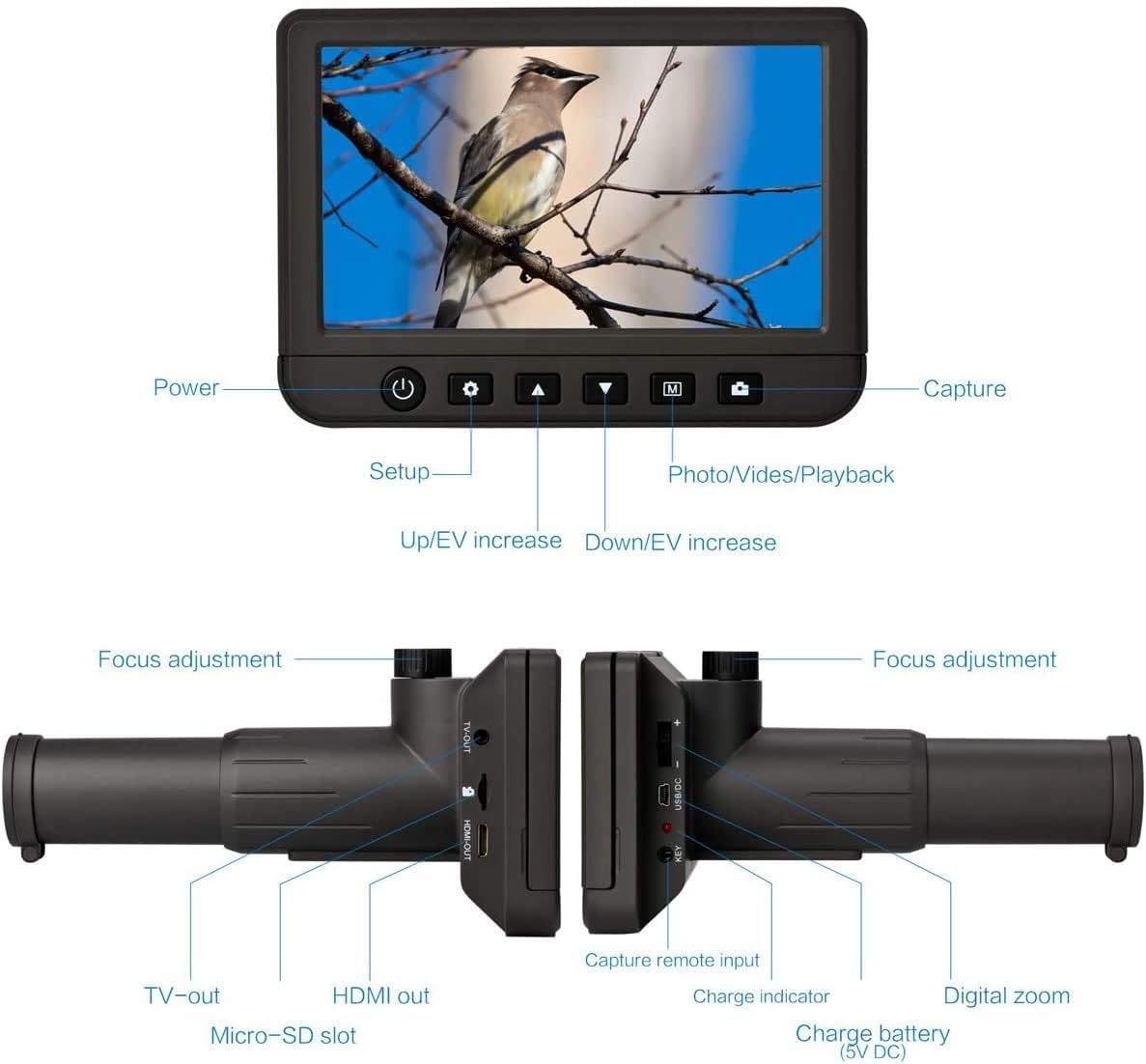 COYEUX Monocoli digitali 50x, monocoli con Ampio Schermo Rotante LCD da 5 Pollici, con Foto Video HD Pixel 1080P da 1400 W, per Birdwatching, Partite di Calcio