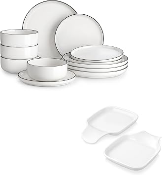 MALACASA 12 Pieces Plates and Bowls Sets and 2 Pieces Spoon Rests