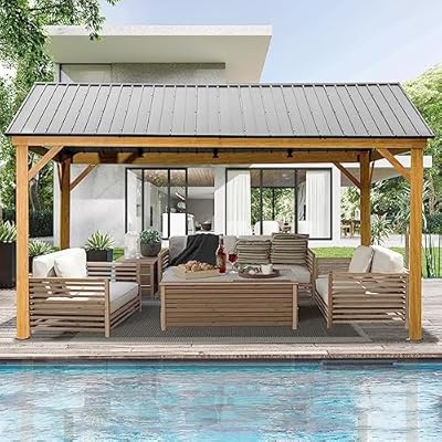 Domi 12' x 14' Hardtop Gazebo with Galvanized Steel Gable Roof, Pergola with Wood-Looking Aluminum Frame, Permanent Pavilion Outdoor Gazebo with Ceiling Hook for Deck Patio Lawn Yard Backyard Grill