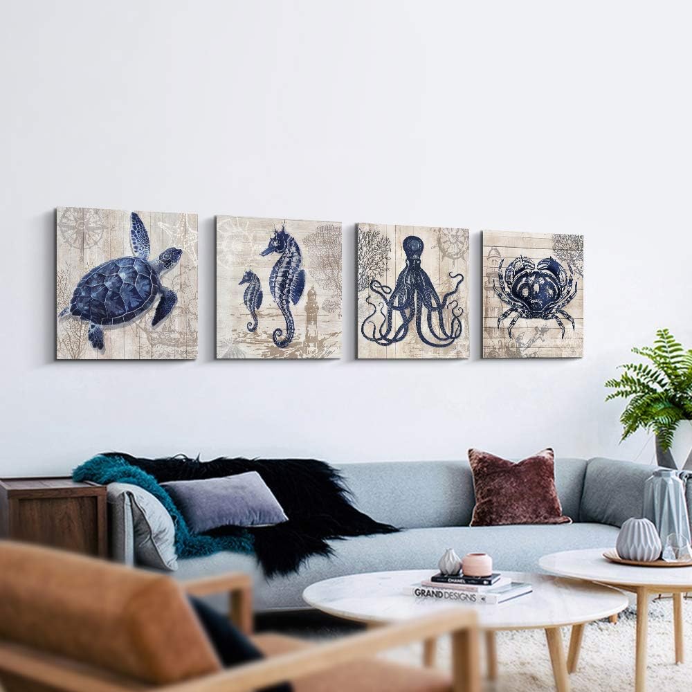 Bathroom Decor 4 panel Canvas Wall Art - Ocean Theme Canvas Prints Sea Animal Octopus Crab SeaTurtle Seahorse Decor Pictures Livingroom Posters - 12 x 12" x 4 pcs (12" x 12" x 4pcs)