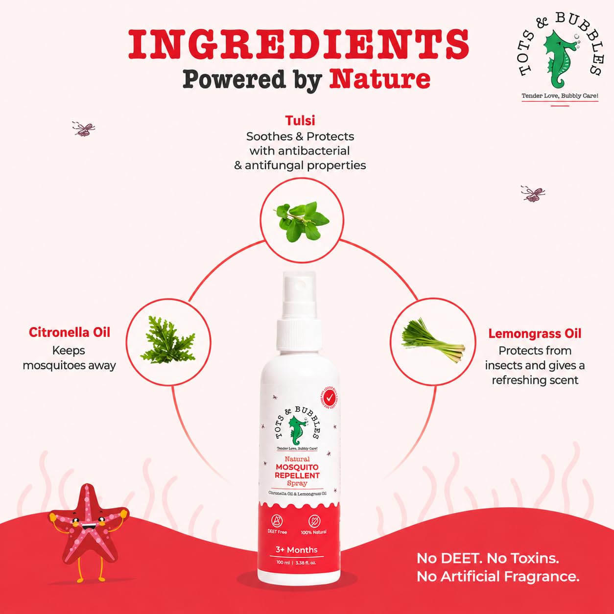 Tots & Bubbles Baby Safe Mosquito Repellent Spray (100ml) for Babies, Toddlers | Natural Protection with Citronella & Lemongrass Oils | DEET-Free, Skin Friendly Insect Spray for Indoor & Outdoor Use | Safe & Gentle on Baby and Mother (Pack of 1) 2