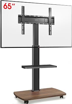 AOKCOS Mobile TV Stand on Wheels with Wooden Base and Shelf for 32-65 inch TVs, TV Floor Stand Height Adjustable Swivel Tlit, up to 40 kg max. VESA 400x400mm