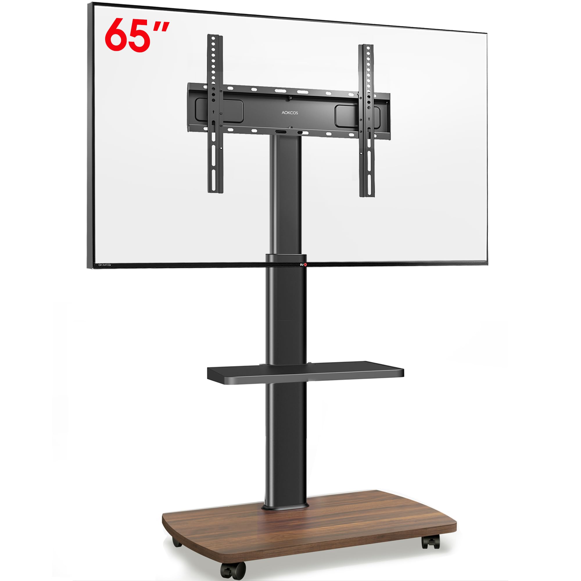 AOKCOS Supporto TV mobile su ruote con base in legno e ripiano per TV da 32 a 65 pollici, supporto da pavimento per TV da pavimento regolabile in altezza, inclinabile, fino a 40 kg max. VESA 400 x 400