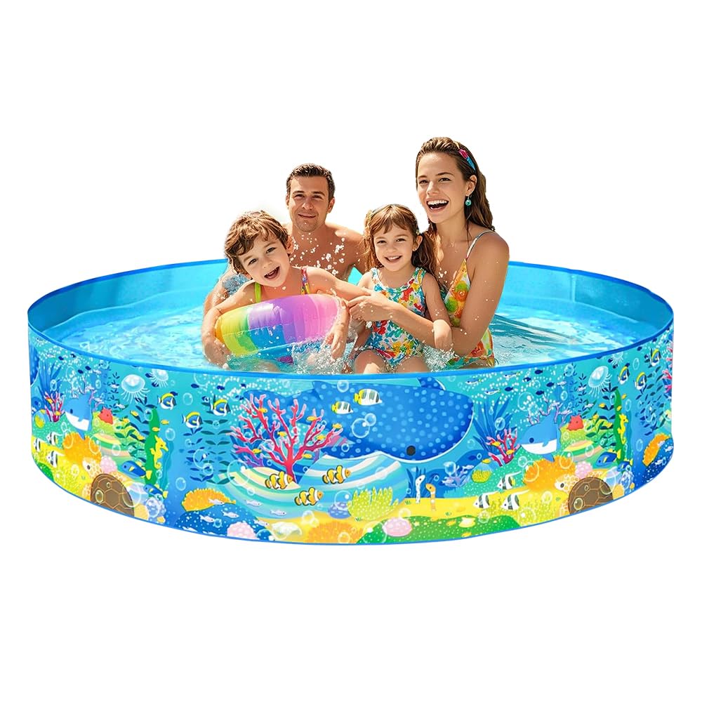 Kqwvz Blue Paddling Pool For Kids And Pets, 152X25cm Dog Paddling Pool Foldable, Foldable Summer Kids Swimming Pool, Easy Setup No Inflation, Sea Creature Folding Paddling Pool For Garden Patio Bathroom