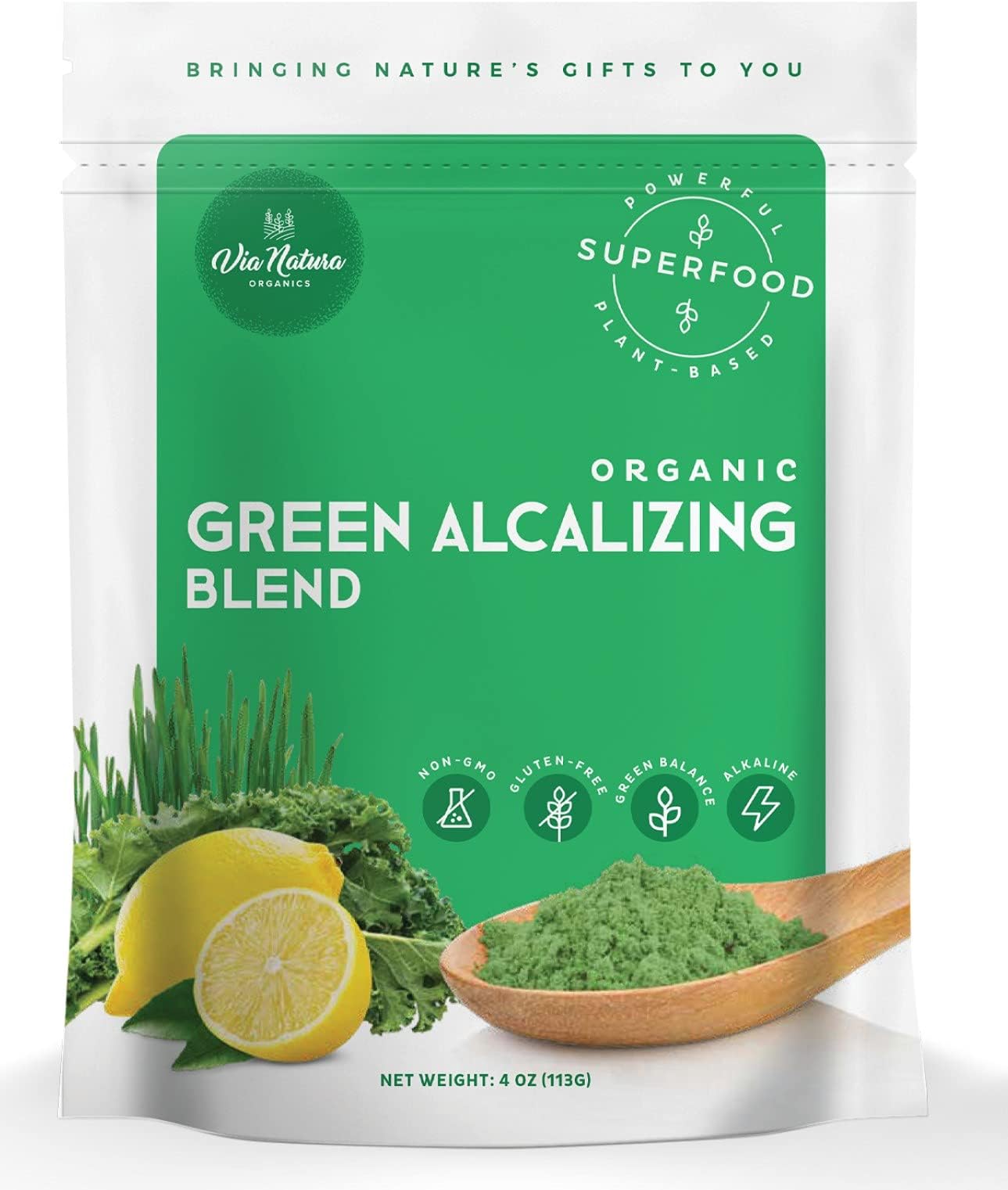 Via Natura Organics Green Alcalizing Blend Powder, 4oz. | Superfood | Non-GMO | Gluten-Free | Plant-Based | Green Balance | Alkaline -