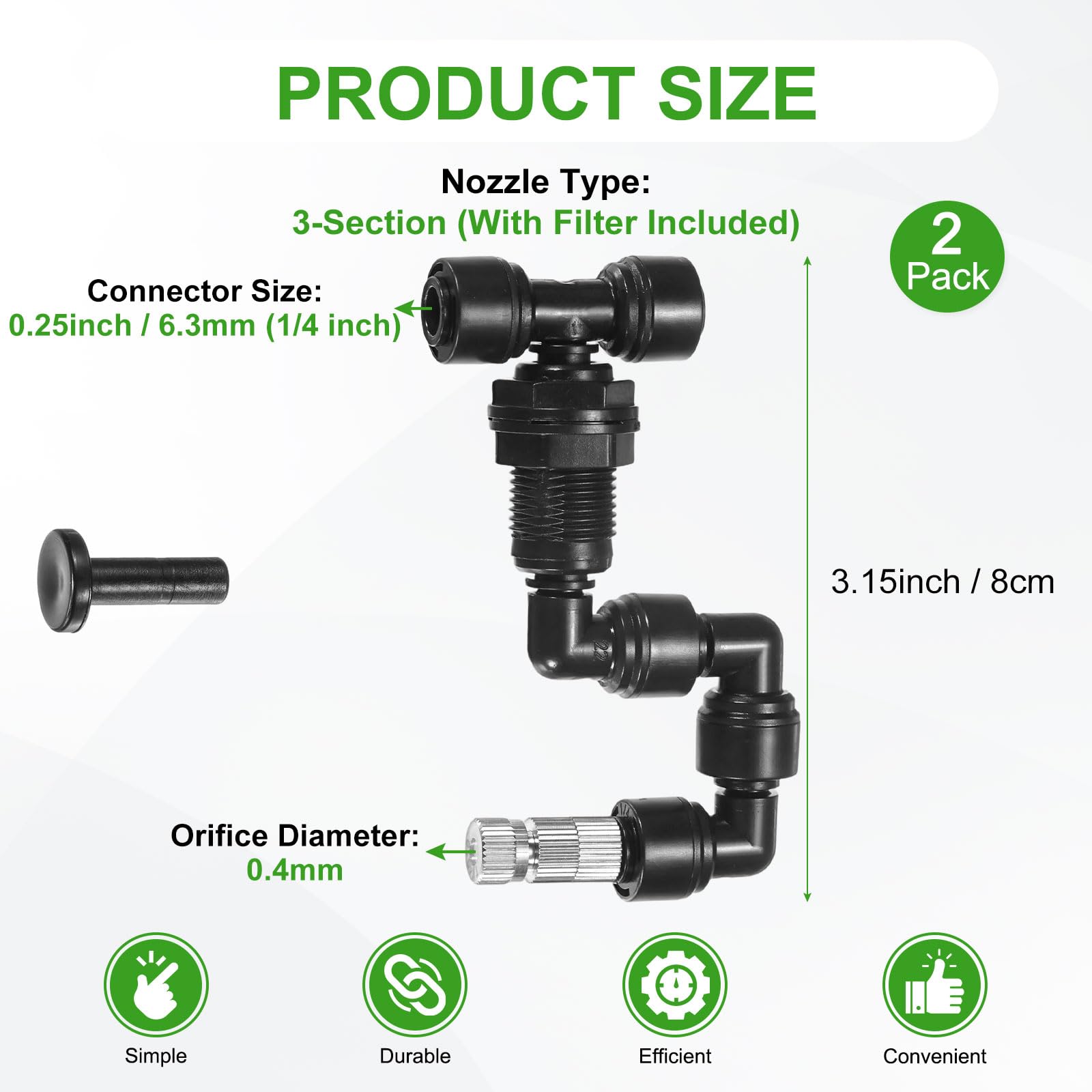 Zestaw 2 dysz zraszających dla gadów, miedziana dysza zraszająca 1/4" z filtrem do terrarium/wiwarium, dysza regulowana w zakresie 360 stopni [czarna]