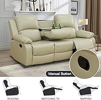 Vista 5 de Juego de Muebles para Sala de Estar, Juego de Sofá Reclinable Manual, Juegos de Sofás Reclinables de Cuero Beige con Mesa Desplegable, Sofá