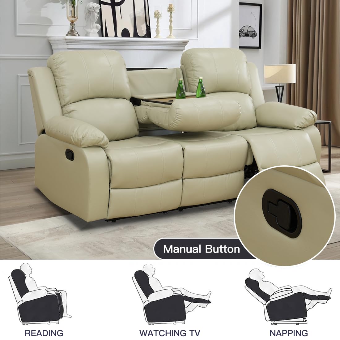 Toseslo Living Room Furniture Set, Manual Reclining Sofa Set, Beige Leather Recliner Couch Sets with Drop-Down Table, Recliner Sofa with Storage Console/Cup Holder for Living Room/Apartment view 5