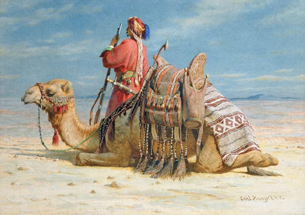 MSTECO Artwork Decoration Canvas Wall Poster Oil Painting a Nomad and His Camel Resting in the Desert by Carl Haag for Office Decor 60x90cm