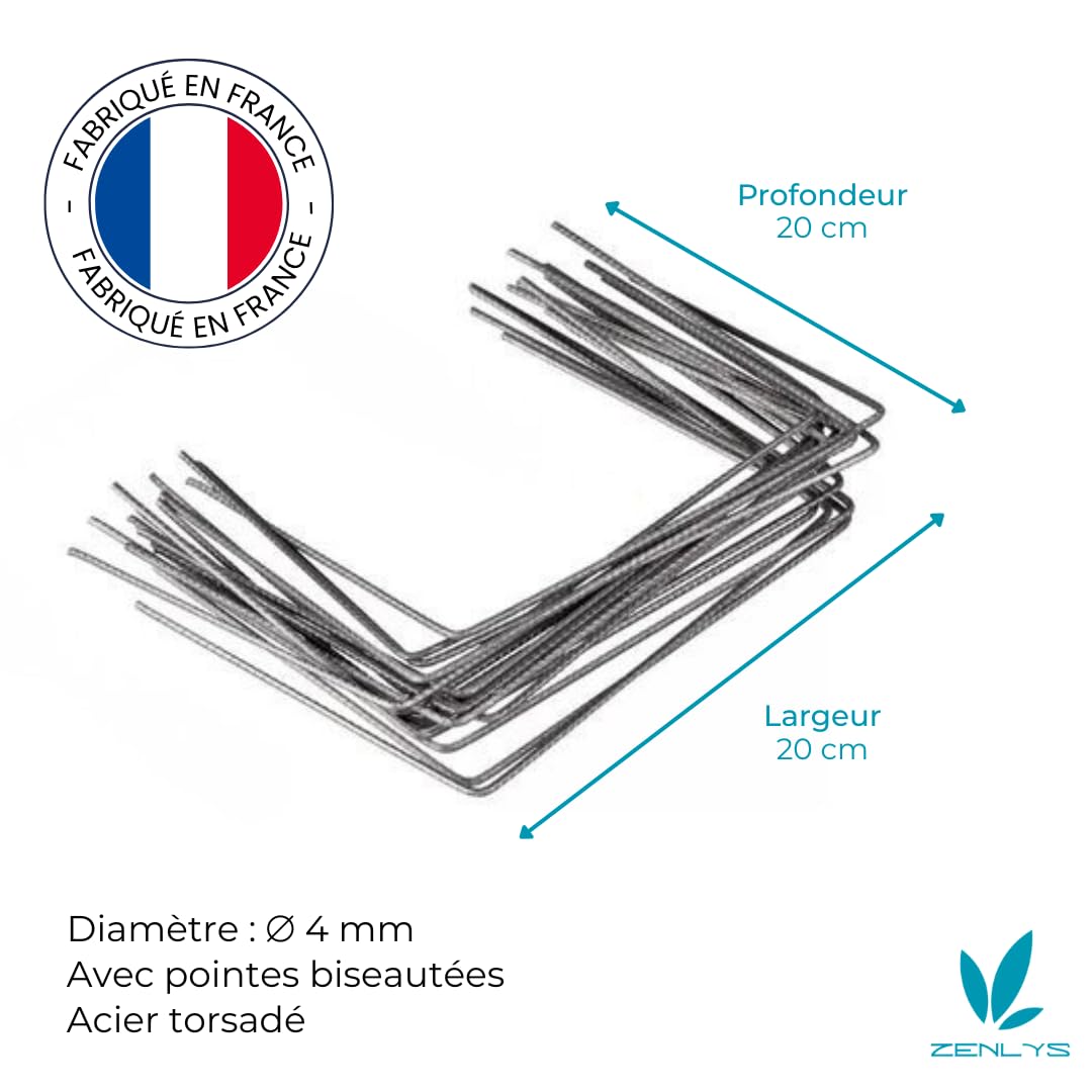 Pack de 200 Agrafes Métal 20x20cm Toile de Paillage Acier Cranté Pointes Biseautées 4mm Diamètre Fabrication Française Piquets Largeur 20cm Geotextile Lot Agraphes