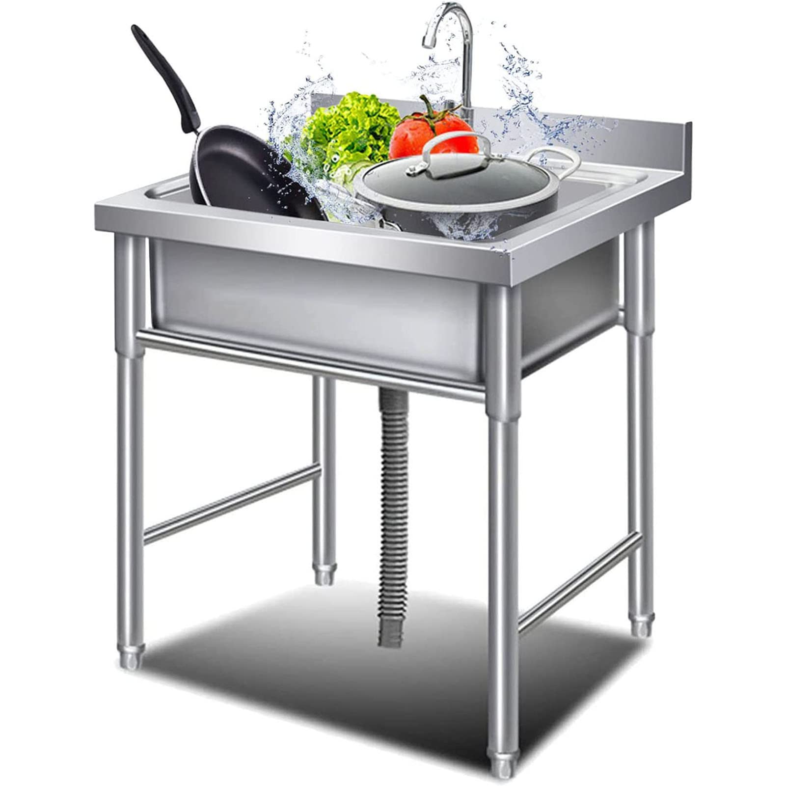 Évier de cuisine professionnel en acier inoxydable avec 1 bac et tuyaux