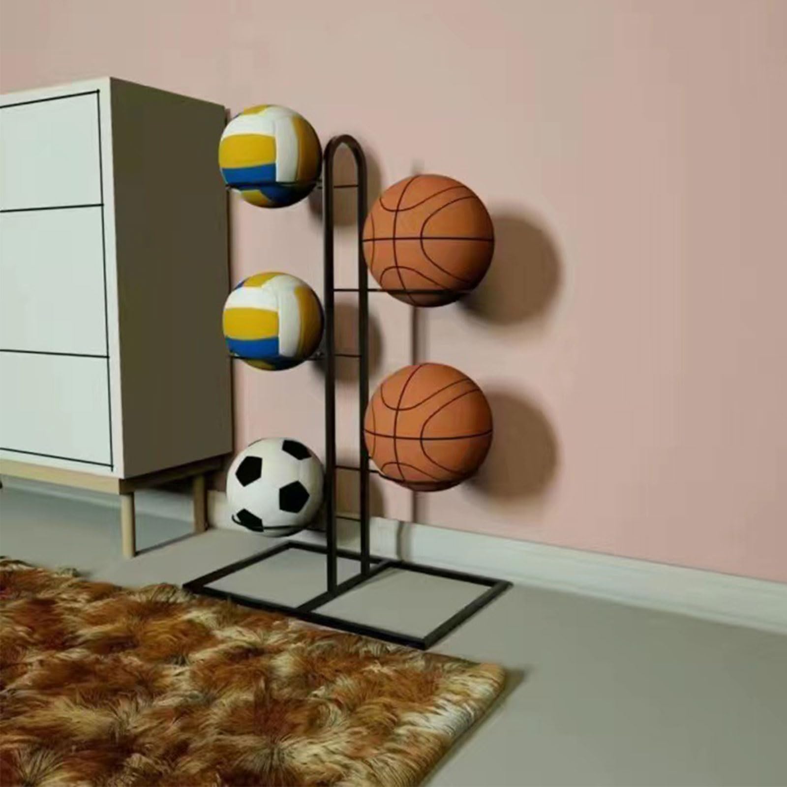 Espositore verticale in metallo per pallacanestro, calcio, pallavolo, attrezzature sportive salvaspazio con ruote