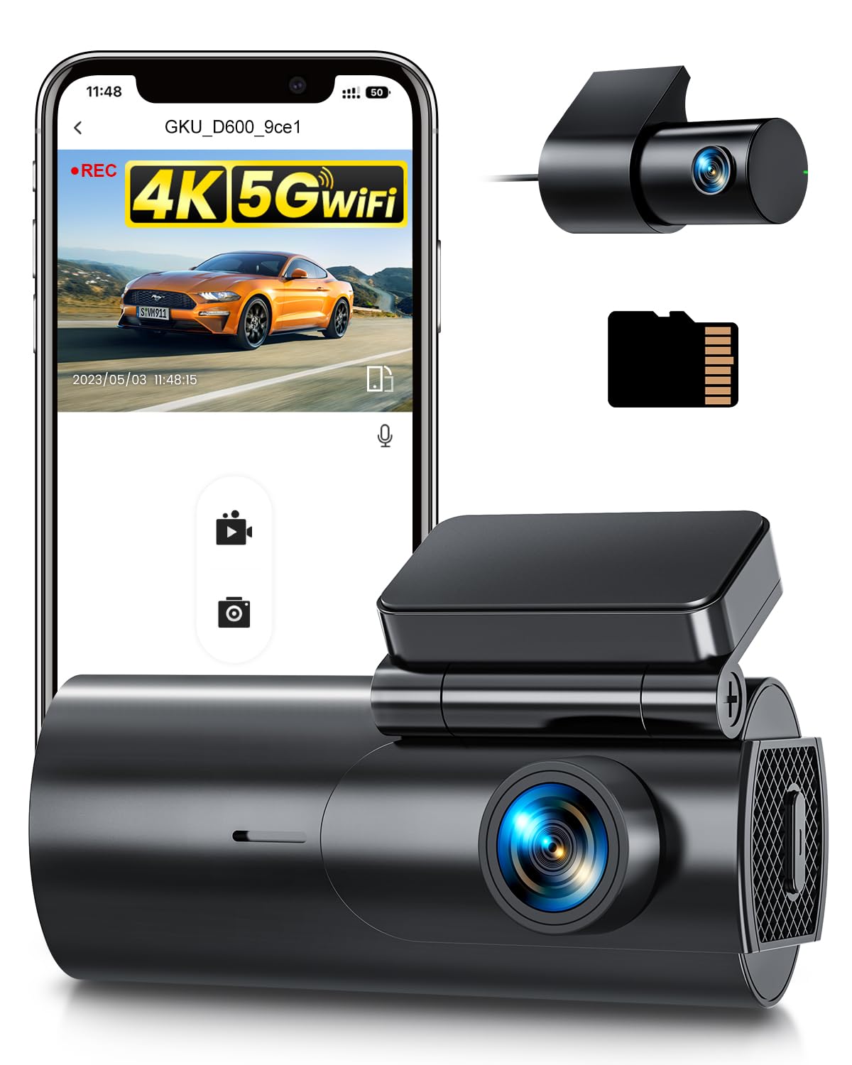 GKU 4K Dashcam Voiture Avant Arrière,5GHz WiFi Caméra Embarquée Voiture avec Carte SD 64G,Camera Voiture Grand Angle 170°,Vision Nocturne,WDR,G-Capteur,Mode Stationnement 24H,Enregistrement en Boucle