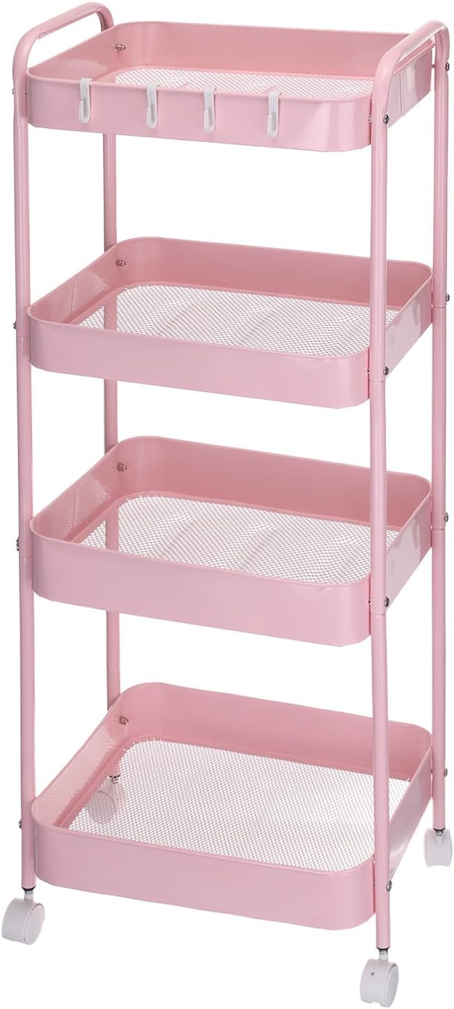uxcell Slim Storage Cart, 4-Tier Narrow Utility Rolling Cart with Wheels Bathroom Cart Organizer Cabinet for Office Kitchen Bathroom Bedroom Storage, Pink