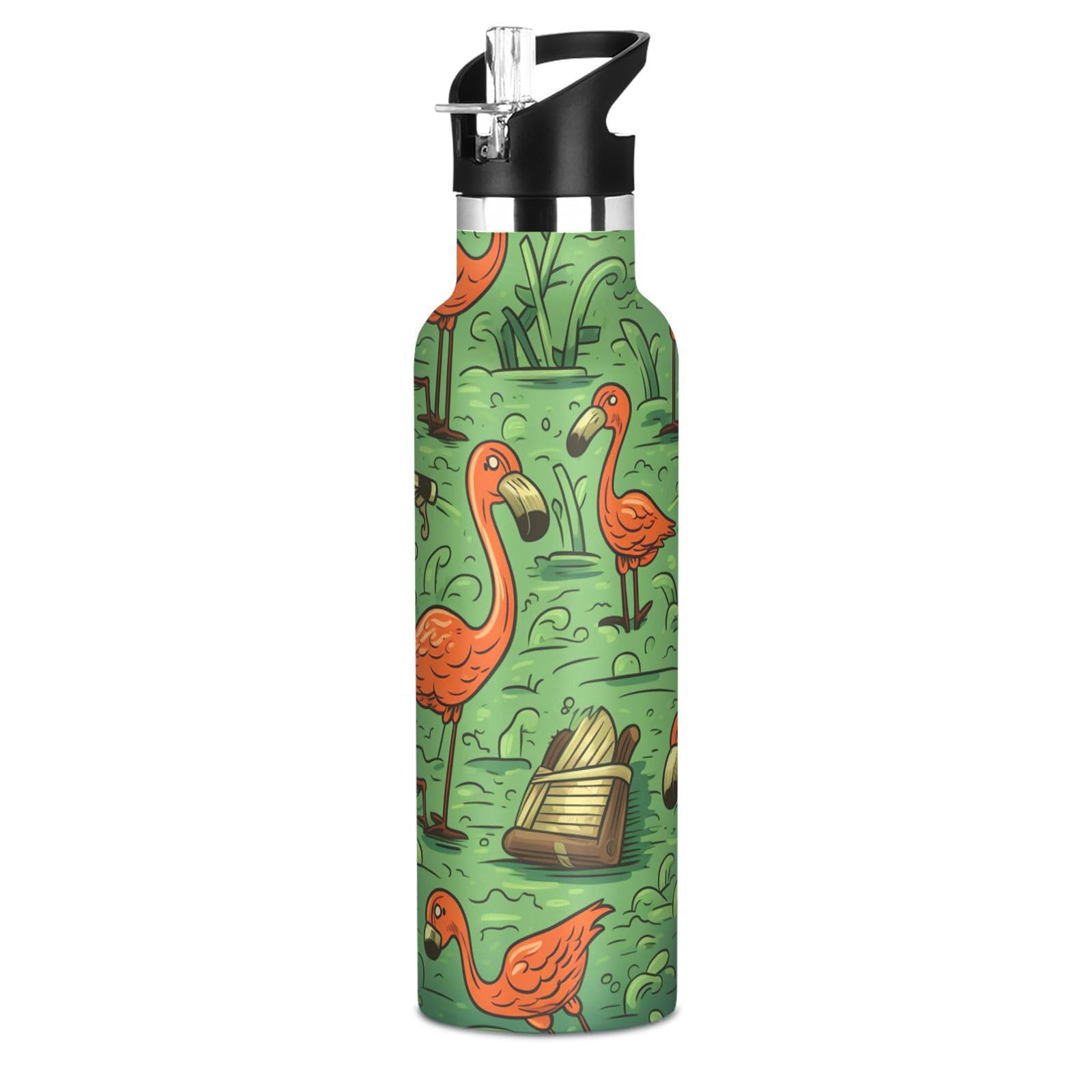 Kaaviyo Boys Pattern Cartoon Flamingos Green Leaves Water Bottle Stainless Steel Jug Insulated Vacuum Cup For Girls(600Ml)