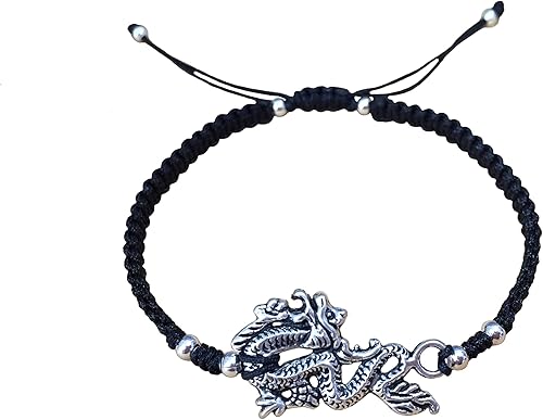 Unisex fashion Black Braided Delicate Bracelet with Silver Dragon Design