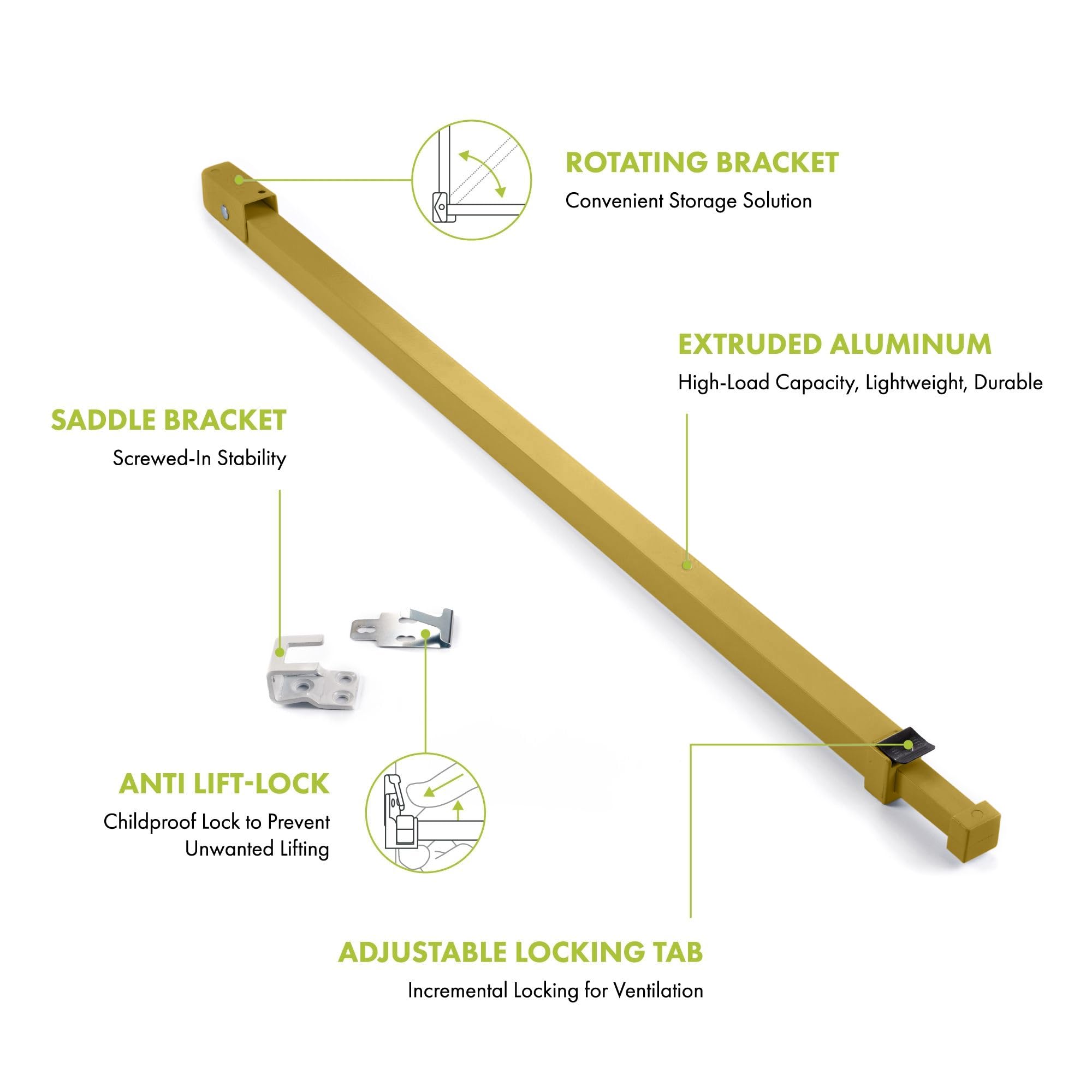 Ideal Security Barre de sécurité réglable pour porte coulissante avec serrure de sécurité enfant, pour porte de terrasse et porte coulissante en verre, doré métallique (65,75-120,5 cm)
