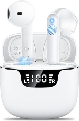 💎 88% MEGA DEAL! Ecouteurs Bluetooth sans Fil, kauguo Écouteurs sans Fil 5.4 avec 4 ENC Réduction Antibruit Mic 42H Durée Écran LED Contrôle Tactile IPX6 Étanche HiFi Stéréo Casque Sport/Travail pour iOS Android,Blanc