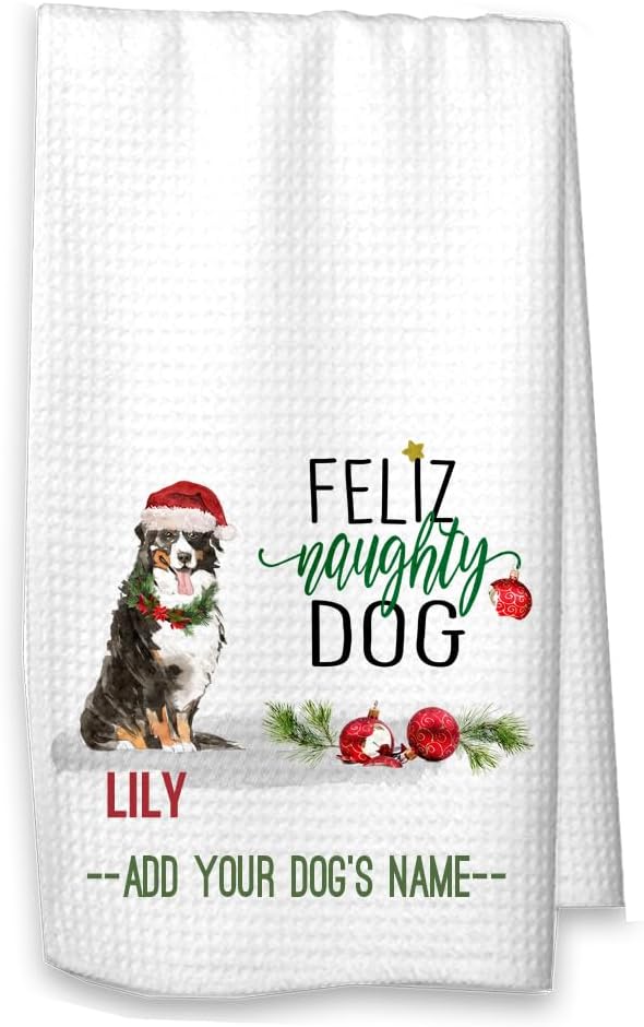 Studio 9Thirty3 Bernese Mountain Dog Christmas Kitchen Towel – “Feliz Naughty Dog” Funny Holiday Waffle Weave Microfiber Dish Towel, Pet Lover (Personalized)