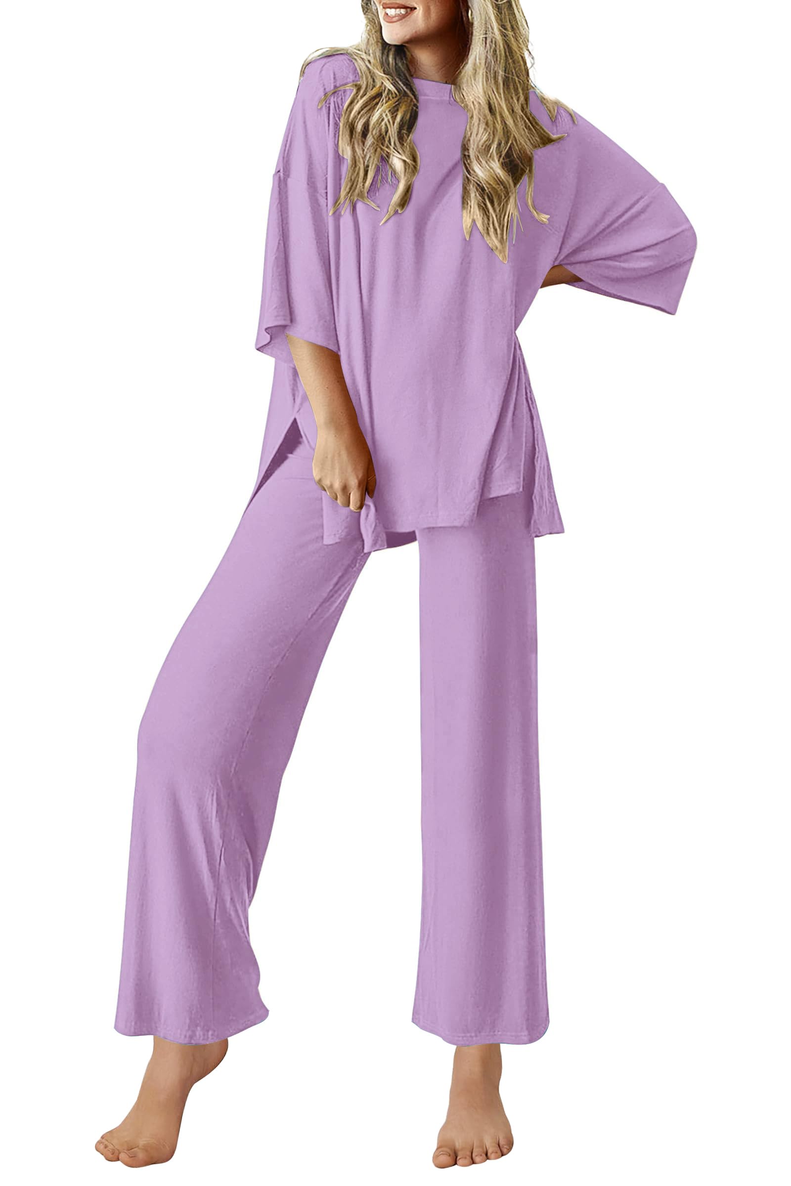 Ekouaer Lounge Sets for Women Short Sleeve Tops and Long Pants Soft Comfy Pajamas Set 2 Piece Outfits S-XXL