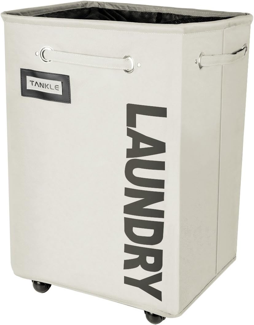 Tankle Laundry Basket with Wheels Large Laundry Hamper Collapsible Hampers for Laundry Rolling Clothes Hamper (Beige)