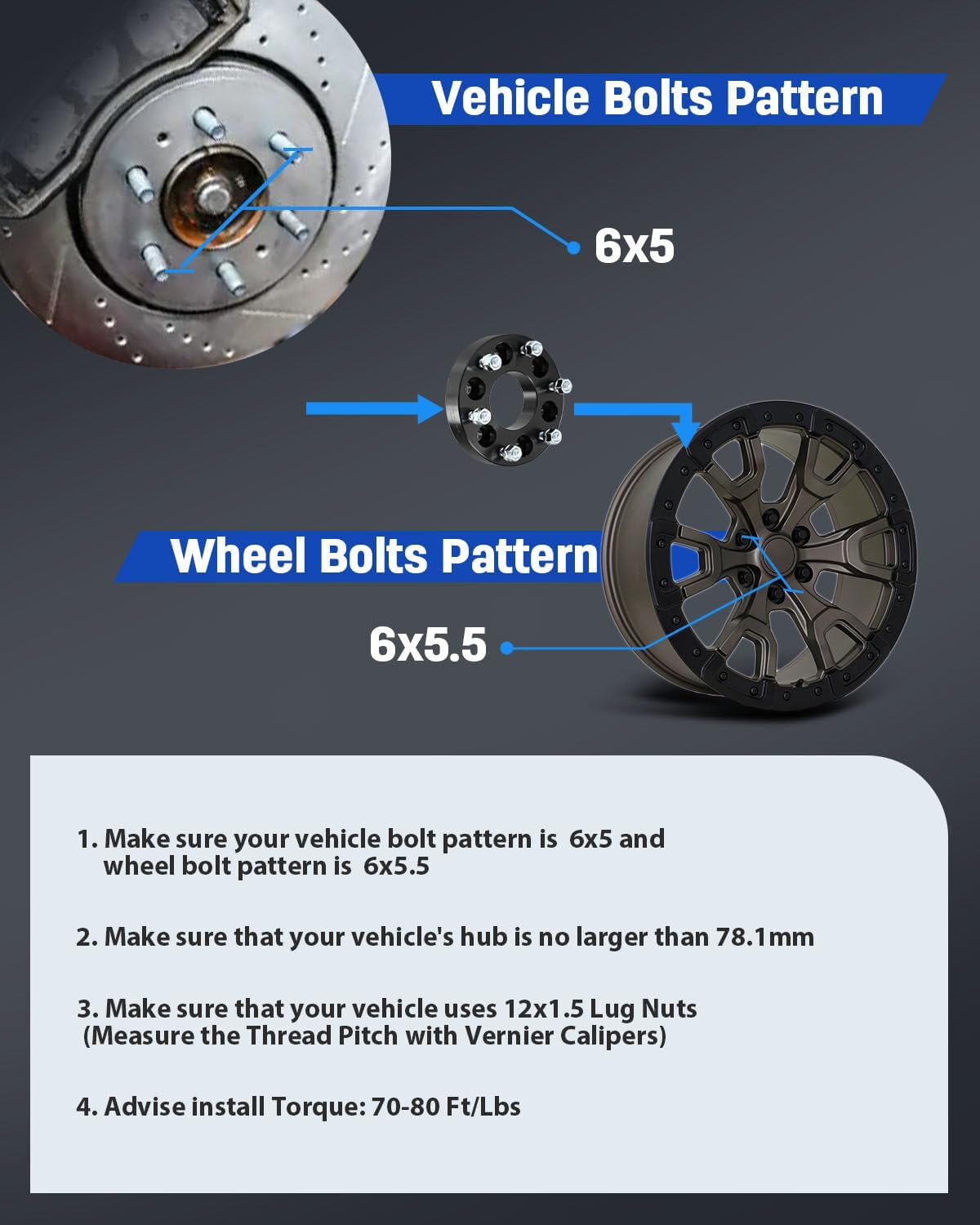 ECCPP 4PCS change bolt pattern from 6x5 to 6x5.5 Wheel Adapters Lug Centric 1.25" (32mm) 6 Lug 12x1.5 78.1mm hub for Trailblazer EXT 2003-2006 for Ascender 2003-2008