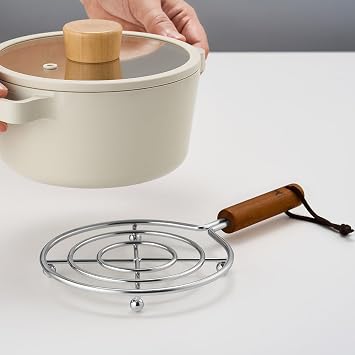 WAGENSTEIGER Stainless Steel Pot Trivets, Home Kitchen Hot Plate Holder, Heat Resistant, Cooling Grill Stand with Wooden Handle, Great for Hot Skillet or Frying Pan, Pot Rest 5.71" D x 10.43"