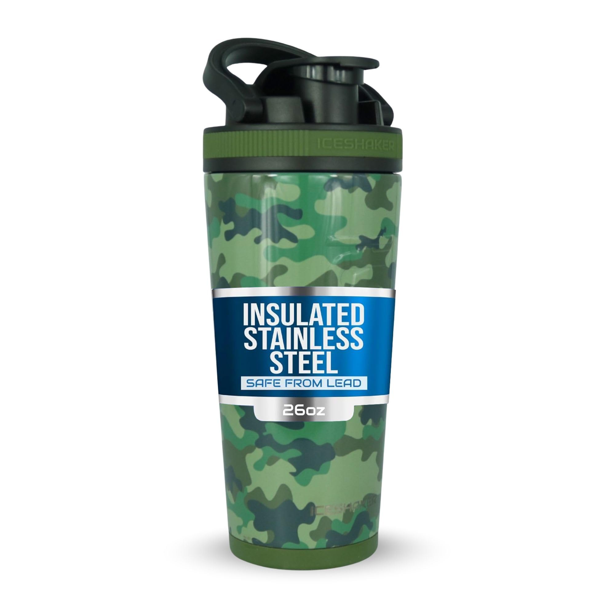 Ice Shaker Insulated Stainless Steel Shaker Bottle | 26oz, Green Camo | Cold for 30+ Hours | Insulated Cup with Twist-on Agitator | Odor-Free Bottle for Protein Shakes, Water, Smoothies, Cocktails
