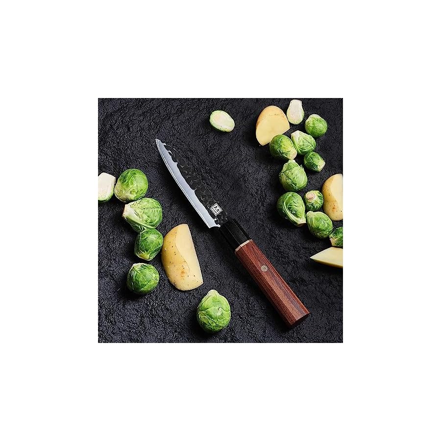 ENOKING-Japanese-Paring-knife45-Inch-Professional-Utility-Knife-5-Layer-9CR18MOV-Clad-Steel-for-Fruits-VegetablesSuper-Sharp-Utility-Knife-with-Ebony-Bolster-African-Rosewood-Handle ENOKING Japanese Paring Knife 4.5 Inch, High Carbon Steel Hand Forged Japanese Knife, 5 Layers 9CR18MOV Kitchen Chef Knife, Fruit Knife with Octagonal Rosewood Handle